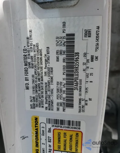 2017 Ford Fusion Se Hybrid from USA, damaged, VIN 3FA6P0LU3HR359638